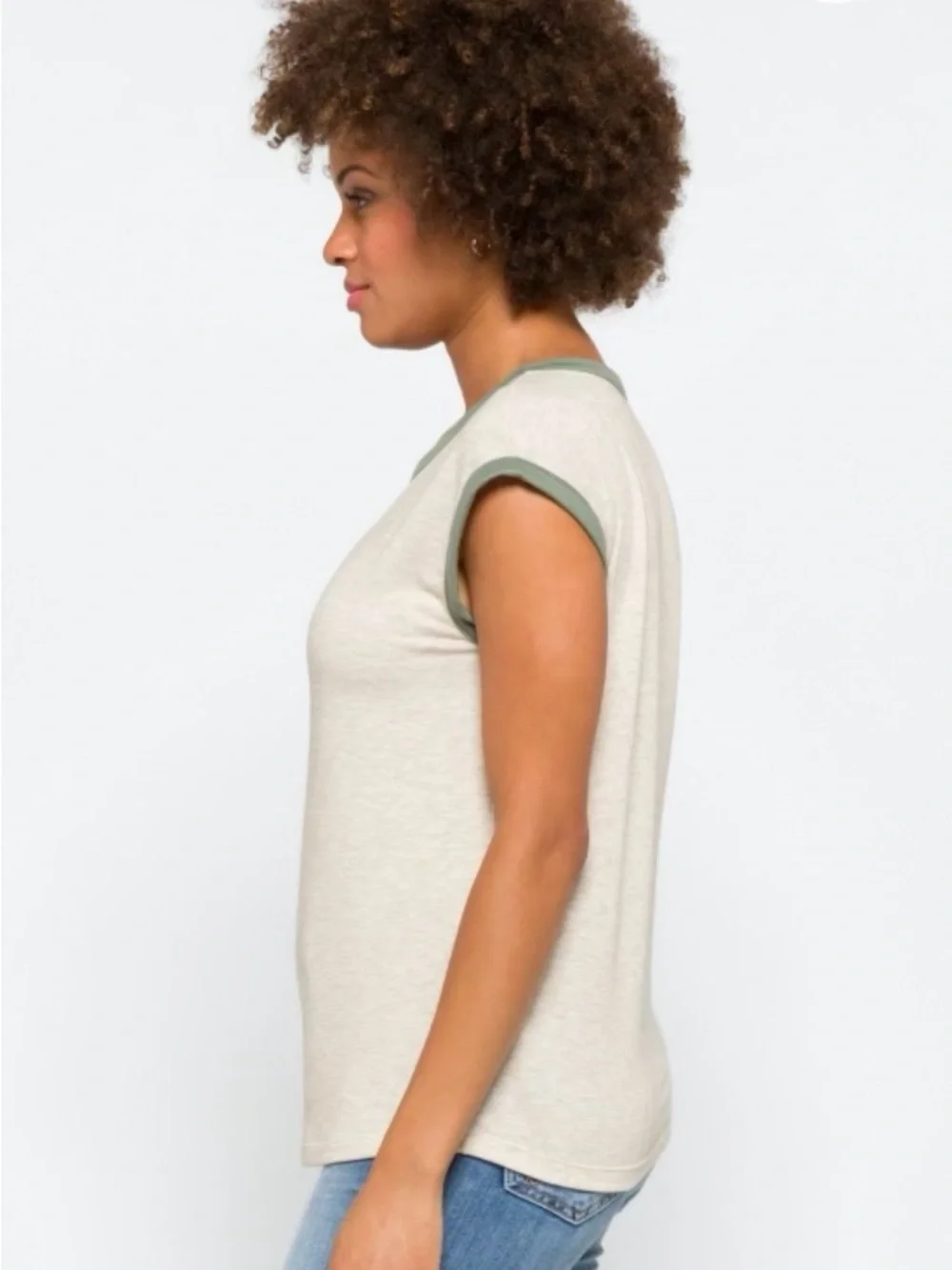 Pink Clover Iggy Short Sleeve Knit Top Cream with Sage Trim - Picture 3 of 10